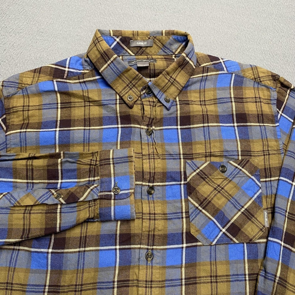 Eddie Bauer‎ Shirt Mens Large Brown Plaid Flannel Long Sleeve Button Up Casual